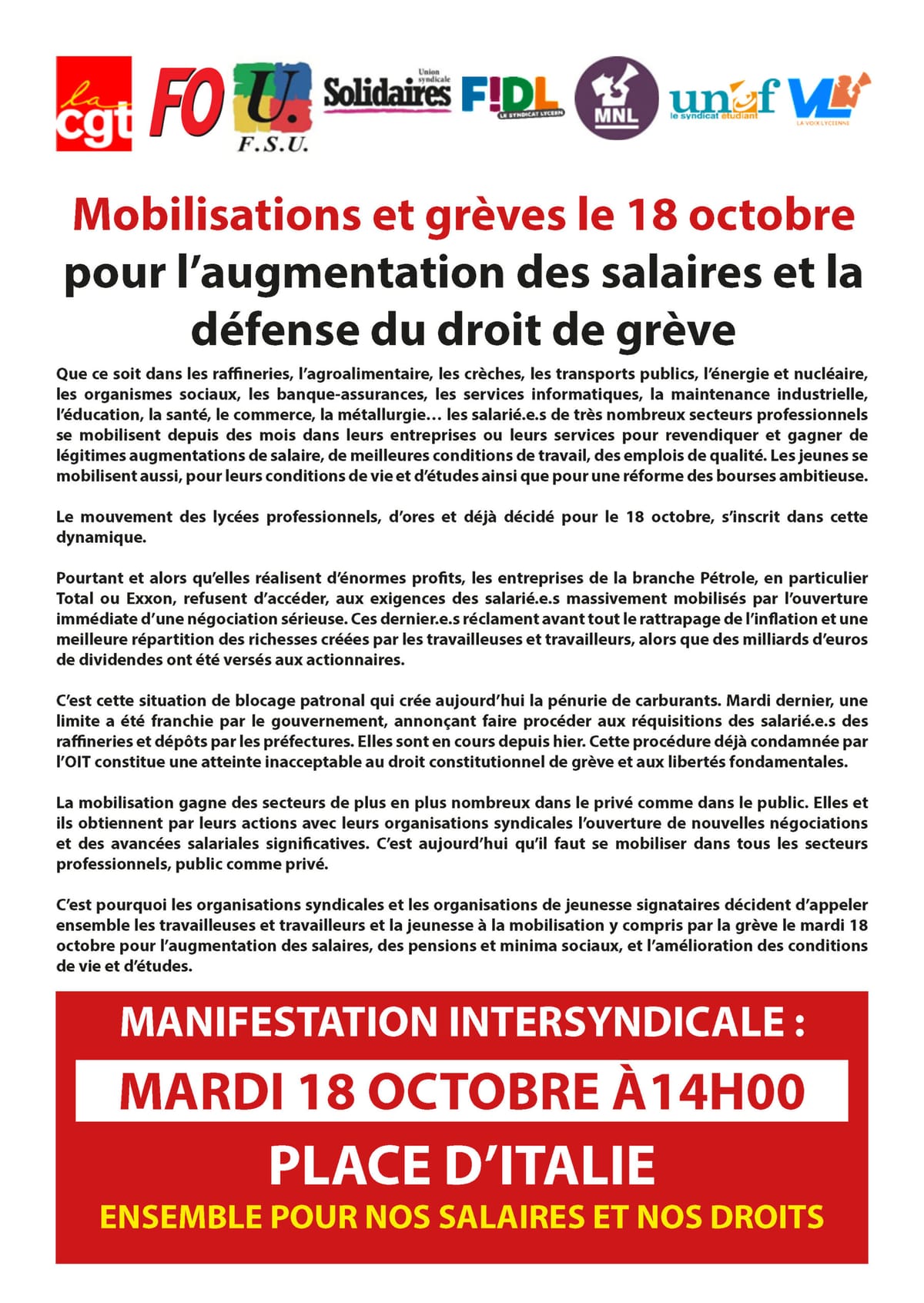 Mobilisations et grèves le 18 octobre pour l’augmentation des salaires et la défense du droit de grève
