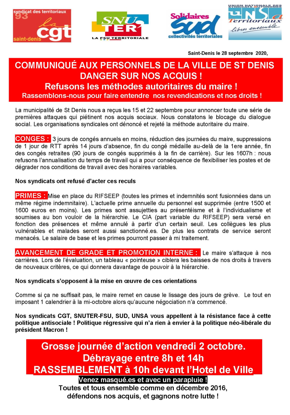 Solidaire avec les territoriaux de Saint-Denis : Refusons les méthodes autoritaires du maire !