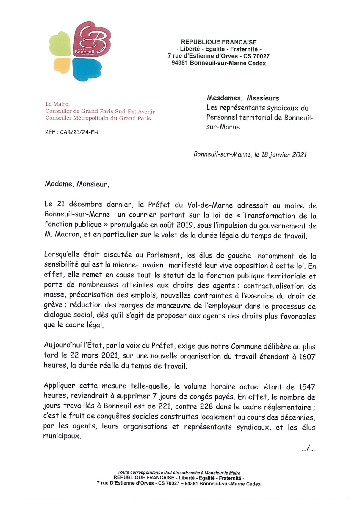 Bonneuil refuse d'appliquer la loi de transformation de la fonction publique