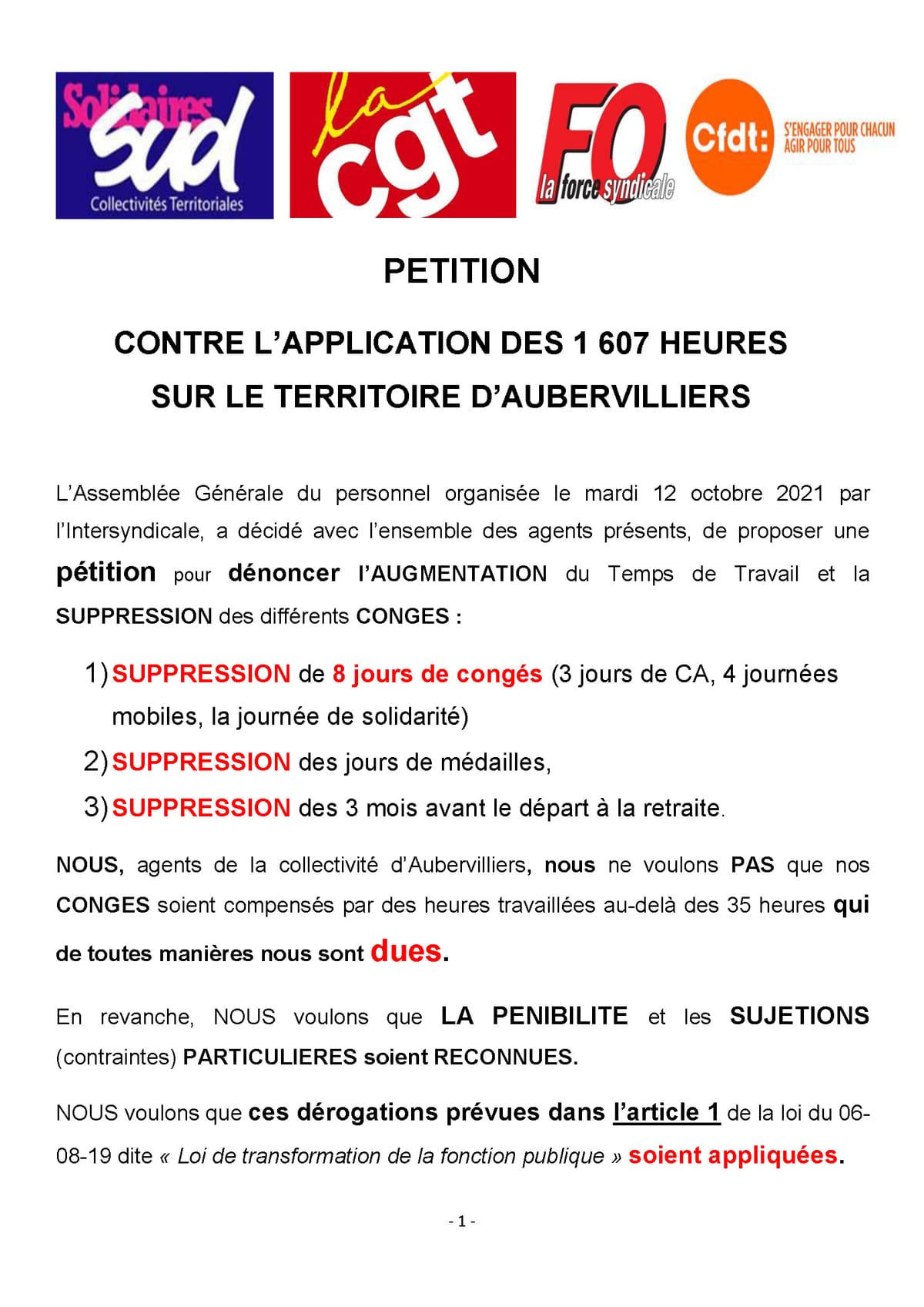 Pétition contre l’application des 1 607 heures sur le territoire d’Aubervilliers