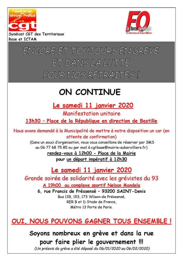 Le samedi 11 janvier : Encore et toujours en grève et dans la lutte pour nos retraites