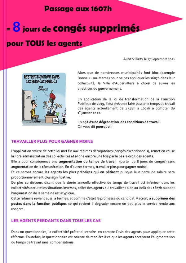Passage aux 1607h = 8 jours de congés supprimés pour TOUS les agents