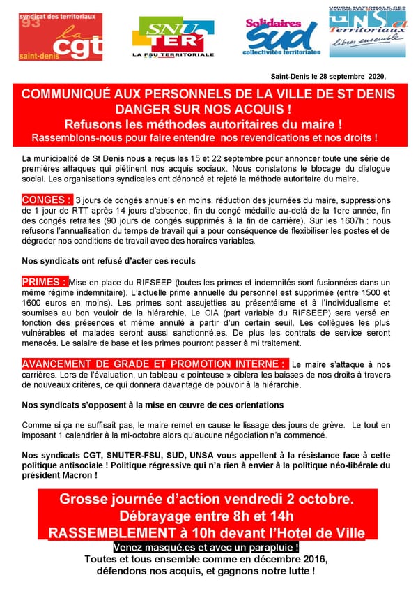Solidaire avec les territoriaux de Saint-Denis : Refusons les méthodes autoritaires du maire !