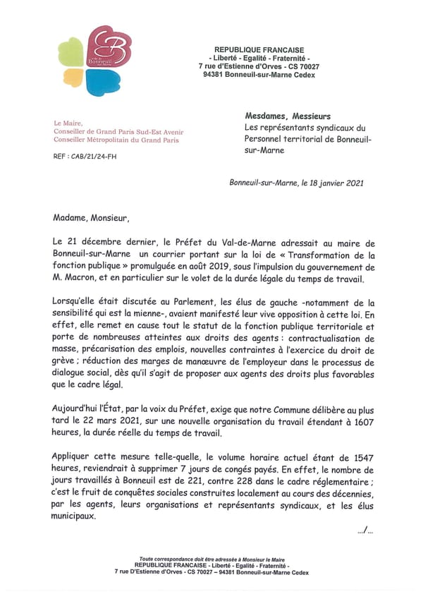 Bonneuil refuse d'appliquer la loi de transformation de la fonction publique