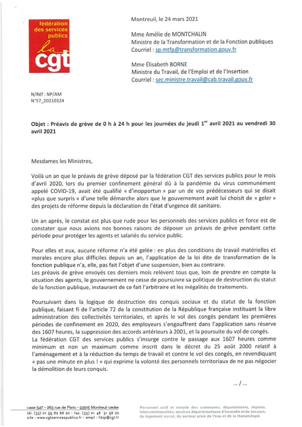 Préavis de grève de 0h à 24h pour les journées du jeudi 1er avril 2021 au vendredi 30 avril 2021