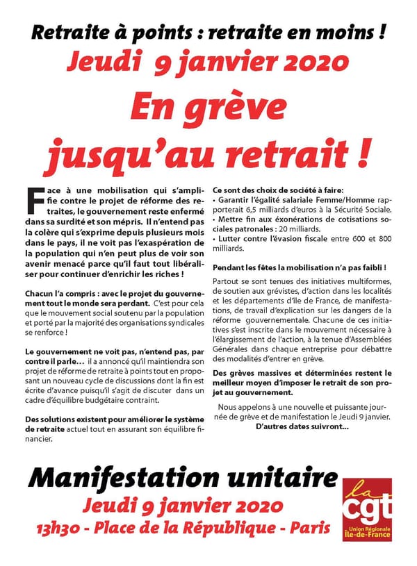 Jeudi 9 janvier 2020 : En grève jusqu’au retrait !
