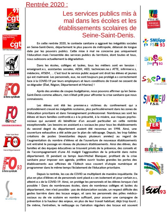 Rentrée 2020 : Les services publics mis à mal dans les écoles et les établissements scolaires de Seine-Saint-Denis.